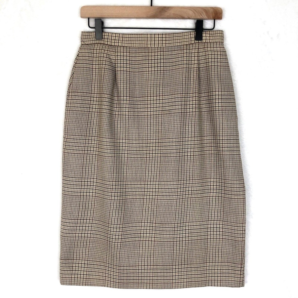 VTG JH COLLECTIBLES 100% Wool Skirt Sz 10 Brown Plaid Lined Pockets Preppy USA